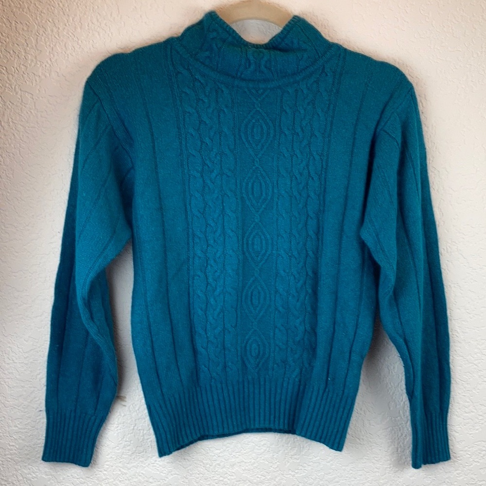 Crystal Sportswear Margot Teal Cable Knit Long Sleeve Silk/Angora Blend Sweater